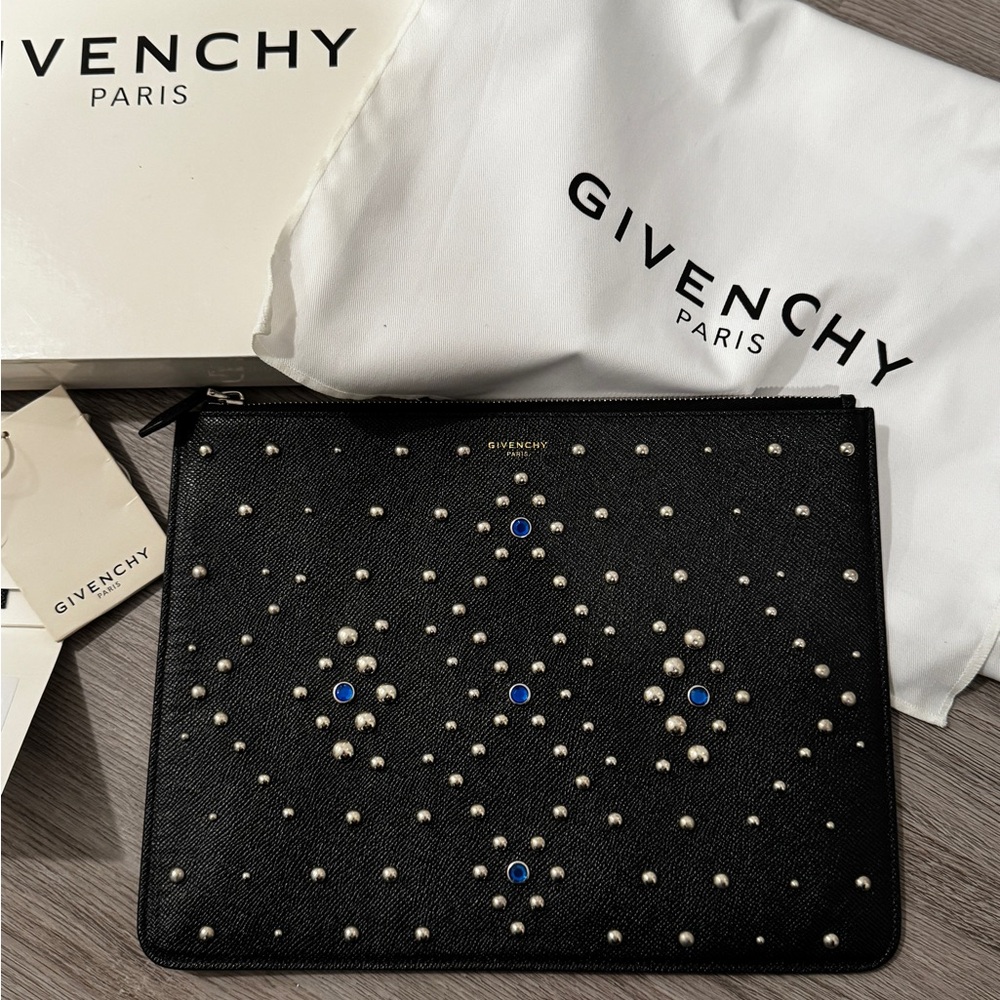 Givenchy Black leather Pouch with blue gems and silver studs